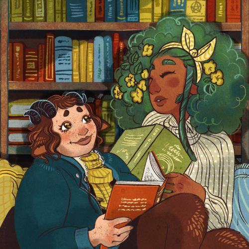 Two women reading books together in a cozy library by Manu Cunhas