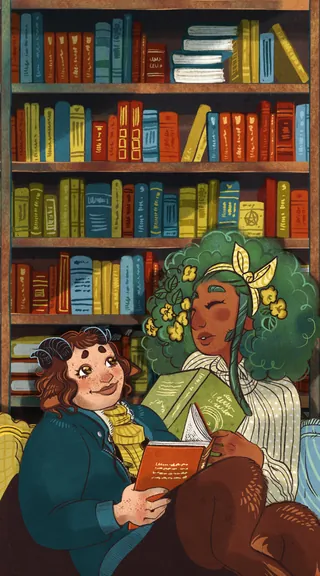 Two women reading books together in a cozy library by Manu Cunhas