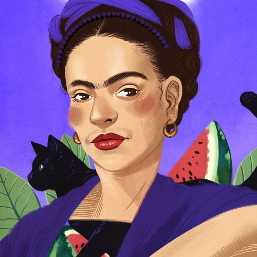 Portrait of Frida Kahlo with black cat and watermelon by Manu Cunhas