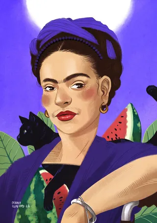 Portrait of Frida Kahlo with black cat and watermelon by Manu Cunhas