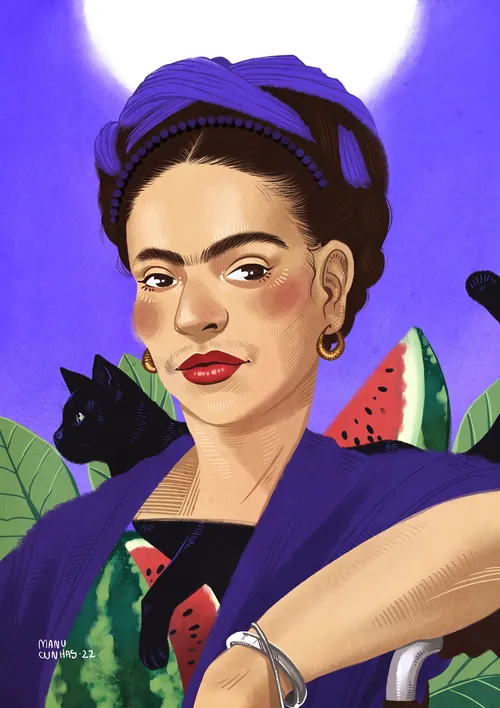 Portrait of Frida Kahlo with black cat and watermelon by Manu Cunhas
