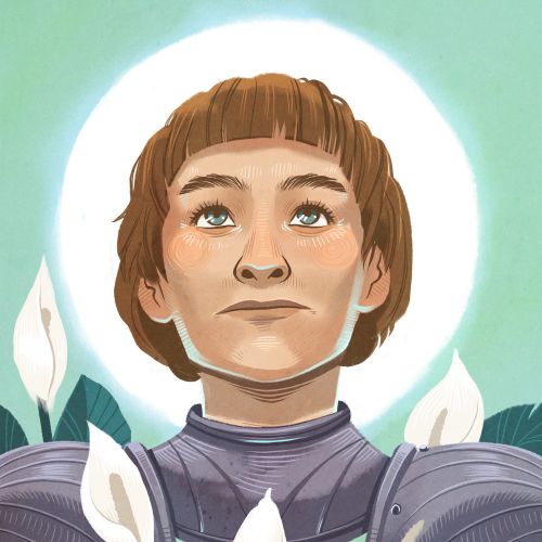 Digital portrait of a woman in medieval armor with white flowers by Manu Cunhas