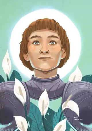 Digital portrait of a woman in medieval armor with white flowers by Manu Cunhas