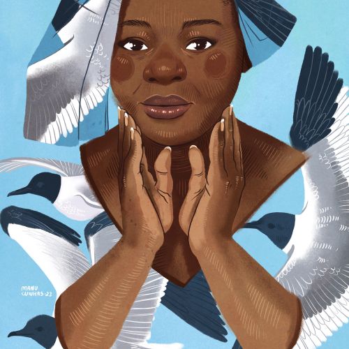 Digital portrait of a woman with bird-patterned headscarf by Manu Cunhas