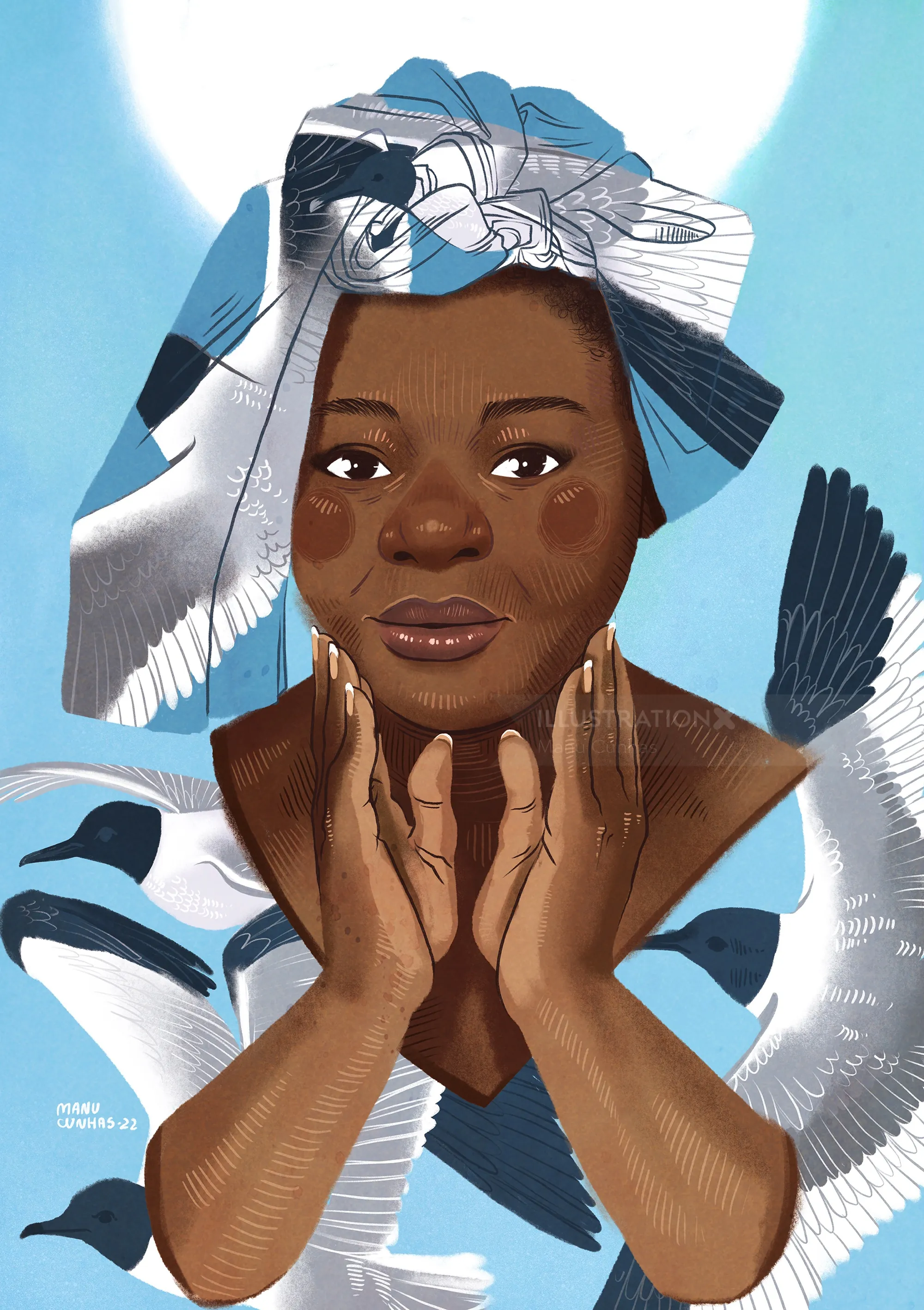 Digital portrait of a woman with bird-patterned headscarf by Manu Cunhas