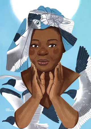 Digital portrait of a woman with bird-patterned headscarf by Manu Cunhas