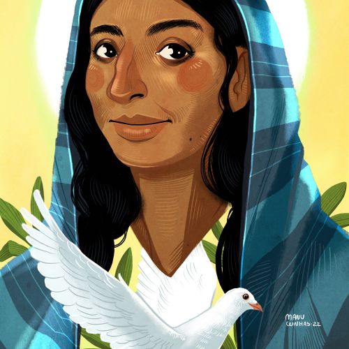 Woman in blue headscarf holding white dove by Manu Cunhas