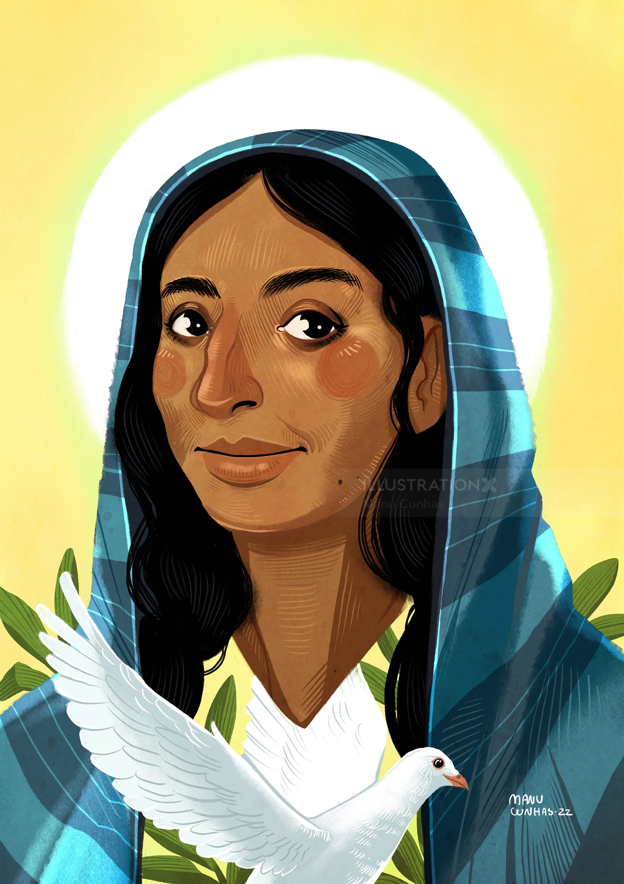 Woman in blue headscarf holding white dove by Manu Cunhas