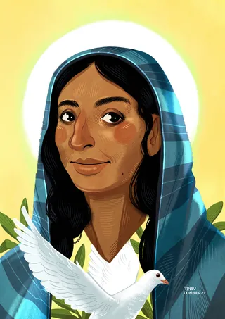 Woman in blue headscarf holding white dove by Manu Cunhas