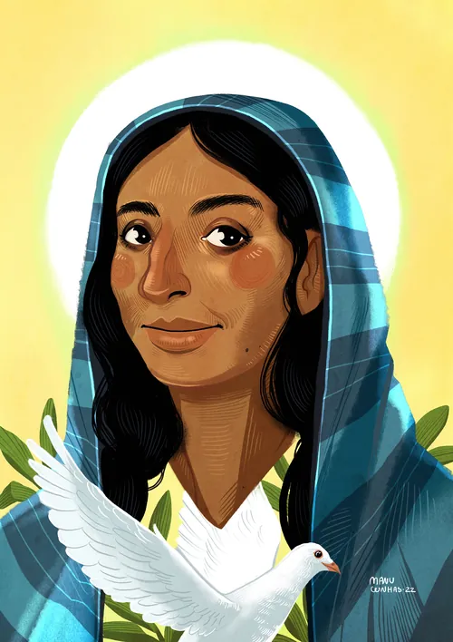Woman in blue headscarf holding white dove by Manu Cunhas