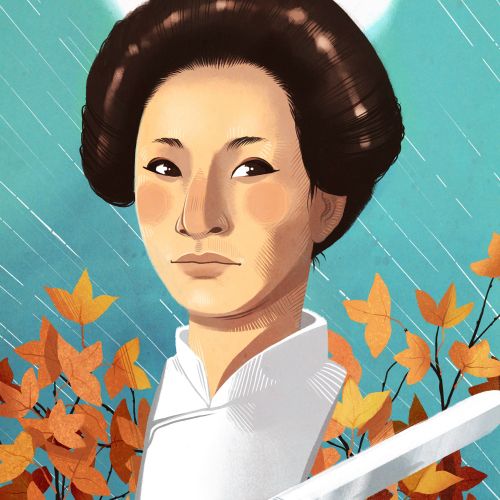 Digital portrait of a woman holding a sword with autumn leaves and moon, by Manu Cunhas