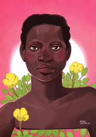 Digital portrait of a black woman with yellow flowers by Manu Cunhas