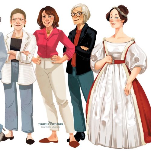 Digital illustration of five women in different fashion styles by Manu Cunhas