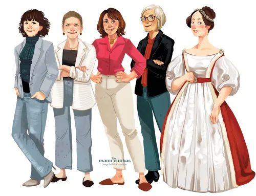 Digital illustration of five women in different fashion styles by Manu Cunhas