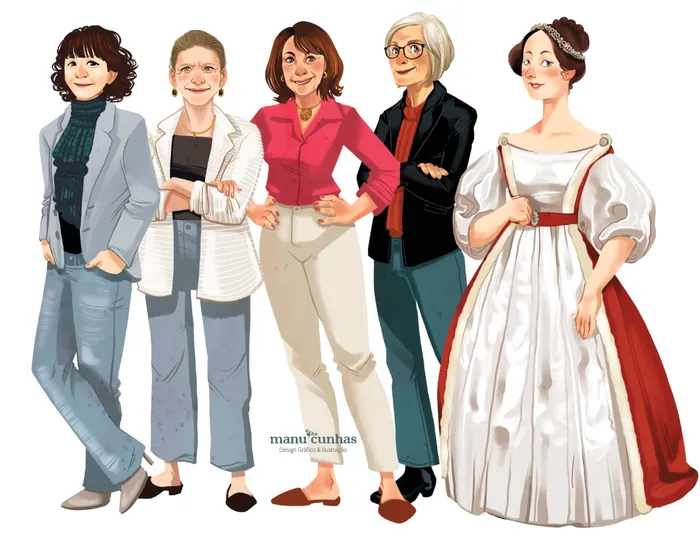 Digital illustration of five women in different fashion styles by Manu Cunhas
