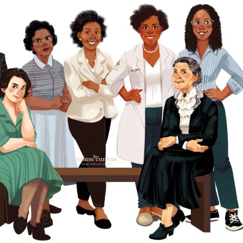 Diverse group portrait of seven women standing and sitting, digital art by Manu Cunhas