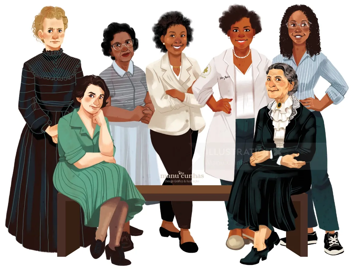 Diverse group portrait of seven women standing and sitting, digital art by Manu Cunhas