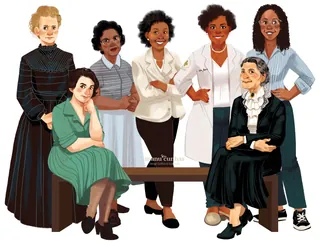 Diverse group portrait of seven women standing and sitting, digital art by Manu Cunhas
