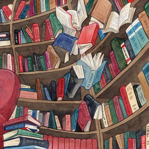 Red armchair in front of curved bookshelves full of books by Manu Cunhas