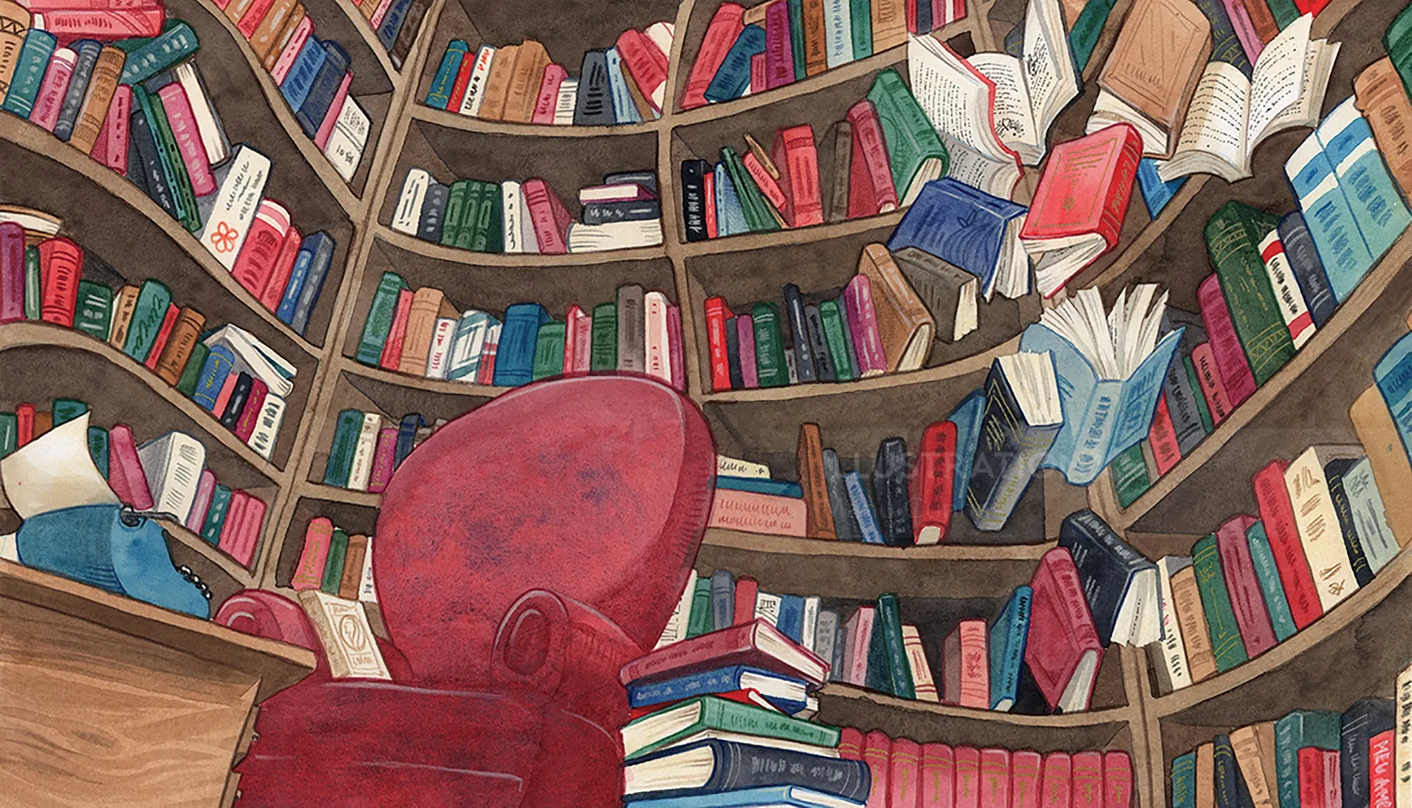 Red armchair in front of curved bookshelves full of books by Manu Cunhas