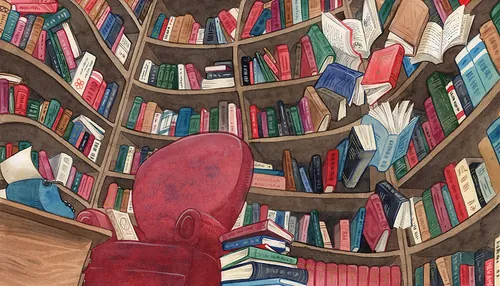 Red armchair in front of curved bookshelves full of books by Manu Cunhas