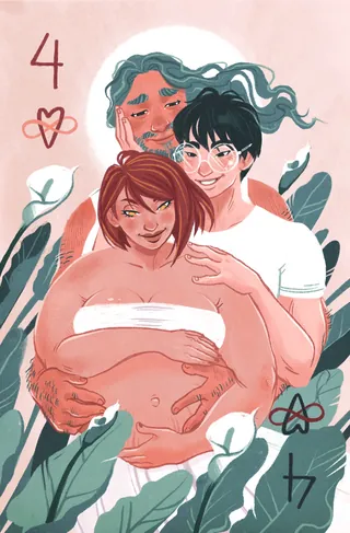 Pregnant woman with two supporters surrounded by plants, artwork by Manu Cunhas