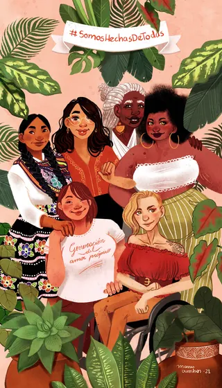 Diverse group of women united with banner #SomosLuchasJuntas by Manu Cunhas