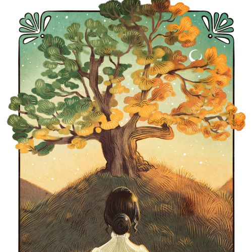 Girl in green dress faces large autumn tree with green and orange leaves by Manu Cunhas
