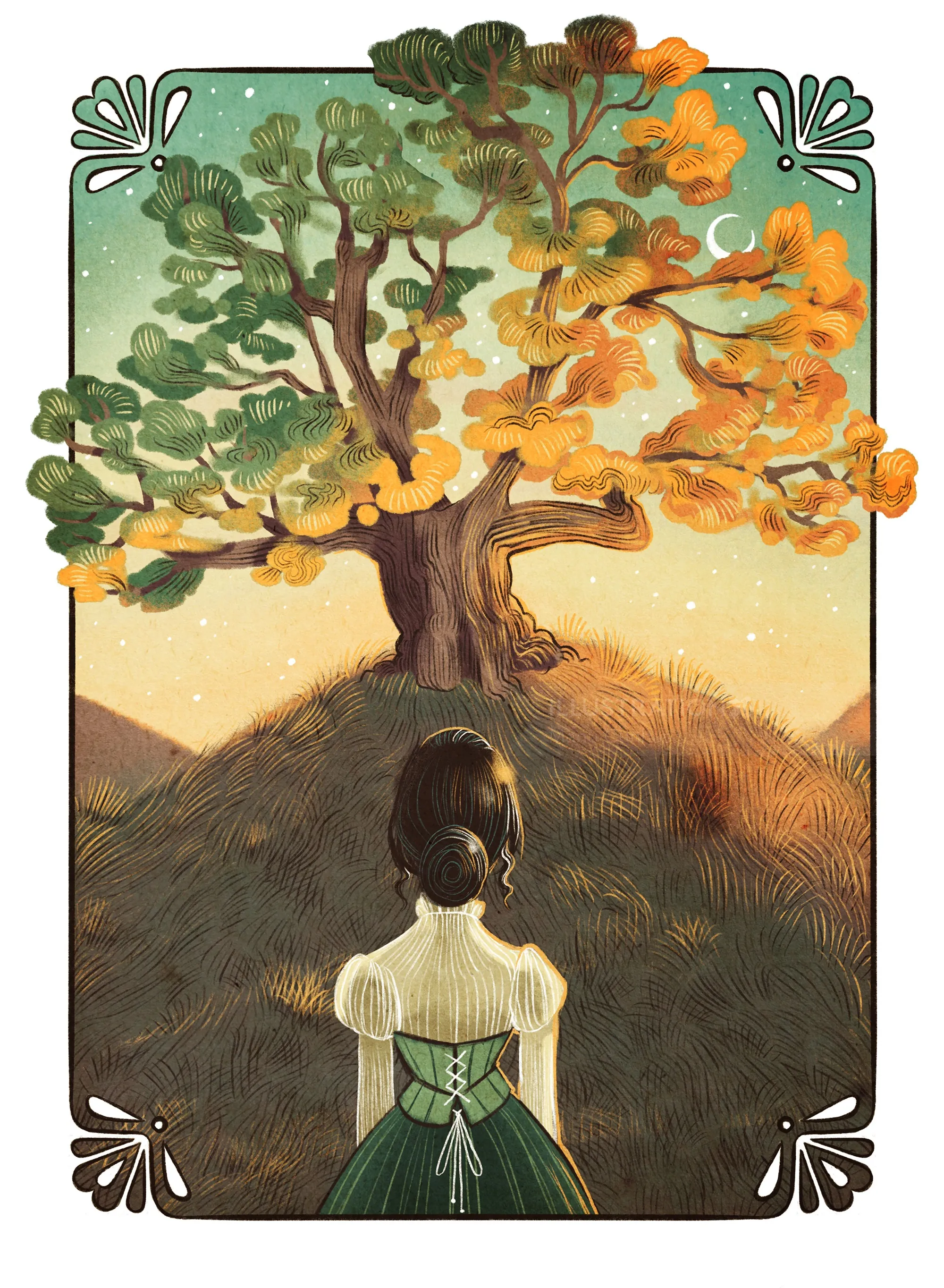 Girl in green dress faces large autumn tree with green and orange leaves by Manu Cunhas