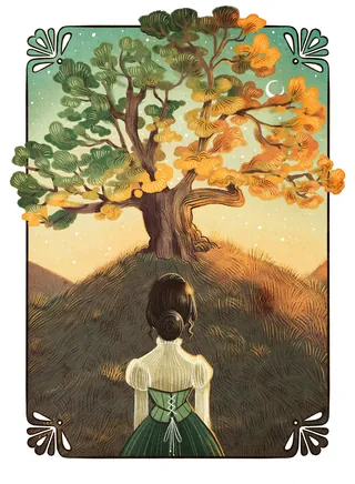 Girl in green dress faces large autumn tree with green and orange leaves by Manu Cunhas