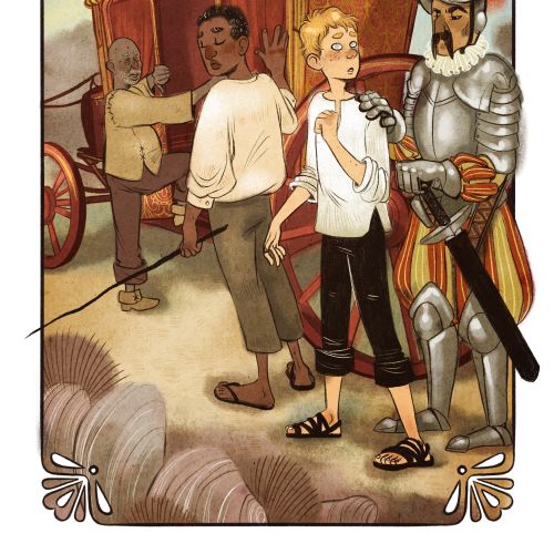 Knight in armor with two travelers and horse-drawn carriage by Manu Cunhas