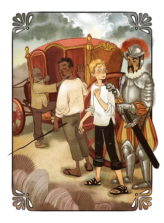 Knight in armor with two travelers and horse-drawn carriage by Manu Cunhas
