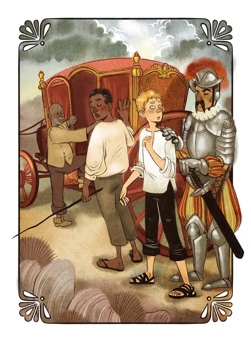 Knight in armor with two travelers and horse-drawn carriage by Manu Cunhas