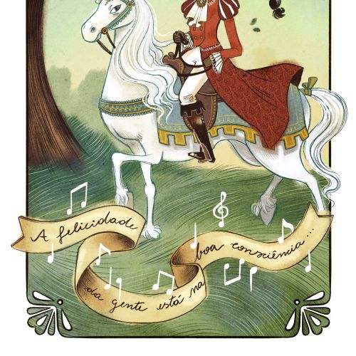 Woman in red riding white horse with musical notes by Manu Cunhas