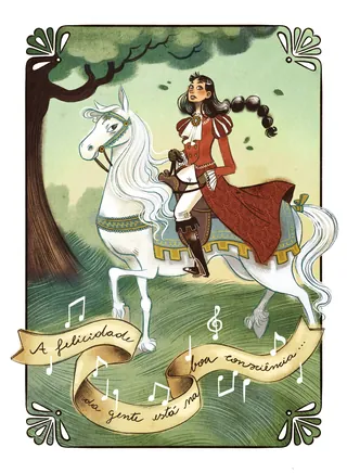 Woman in red riding white horse with musical notes by Manu Cunhas