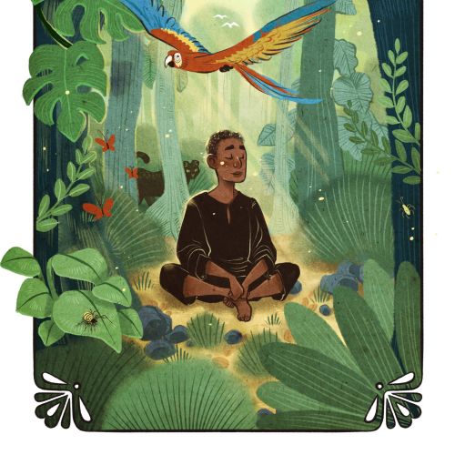Person meditating in jungle with parrot flying above by Manu Cunhas