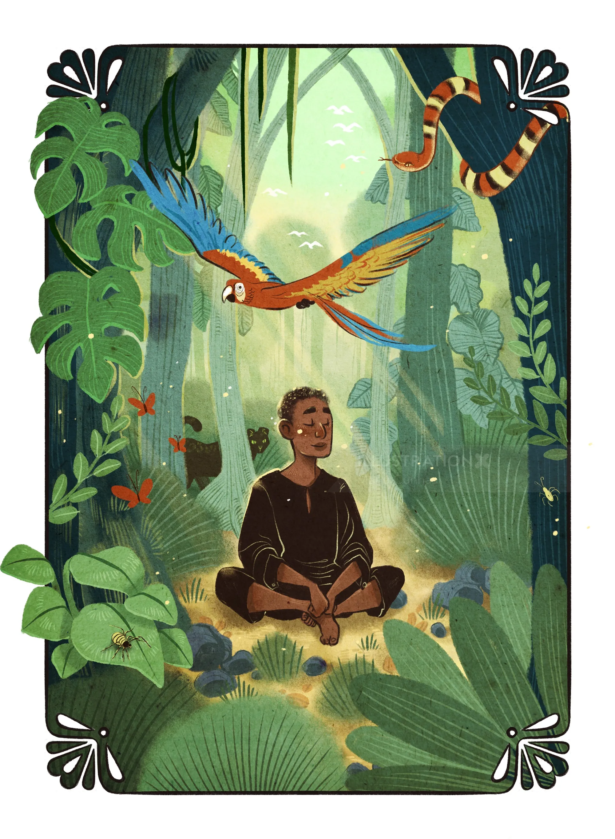 Person meditating in jungle with parrot flying above by Manu Cunhas
