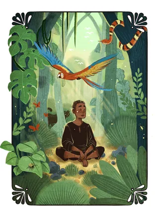 Person meditating in jungle with parrot flying above by Manu Cunhas