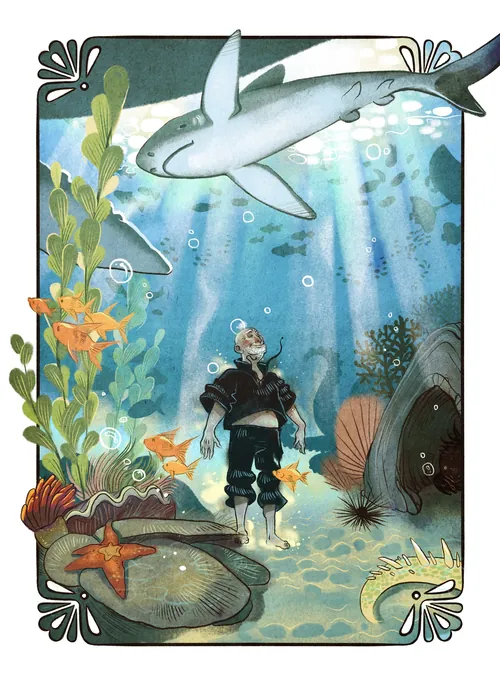 Underwater diver observing a shark and marine life, artwork by Manu Cunhas