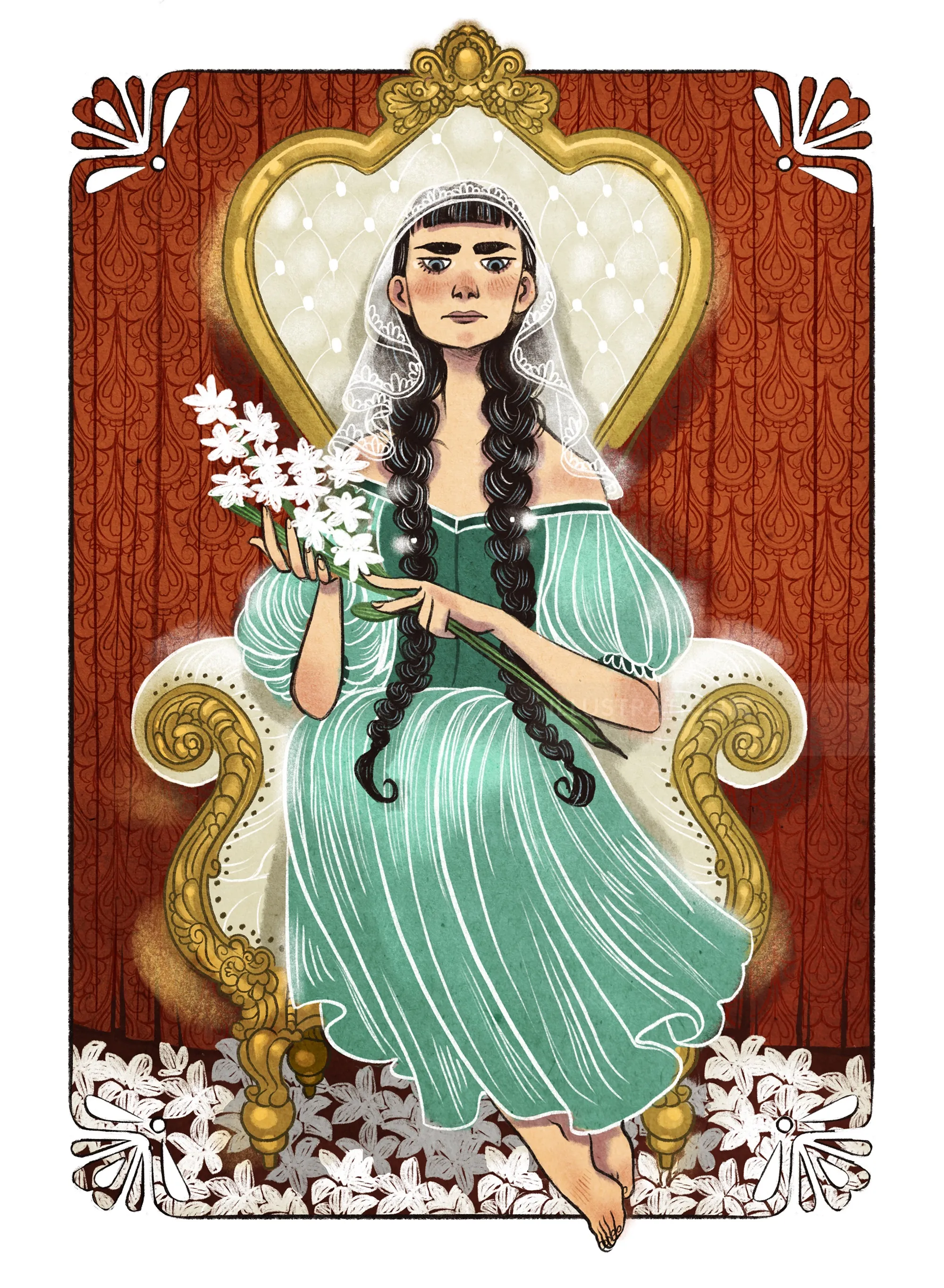 Woman in green dress on ornate throne holding white flowers by Manu Cunhas