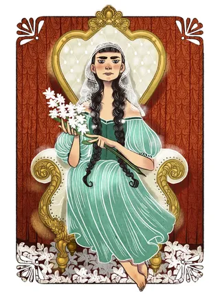 Woman in green dress on ornate throne holding white flowers by Manu Cunhas
