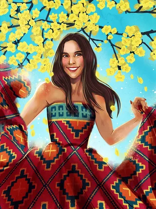 Smiling woman in patterned red dress with yellow flowers by Manu Cunhas