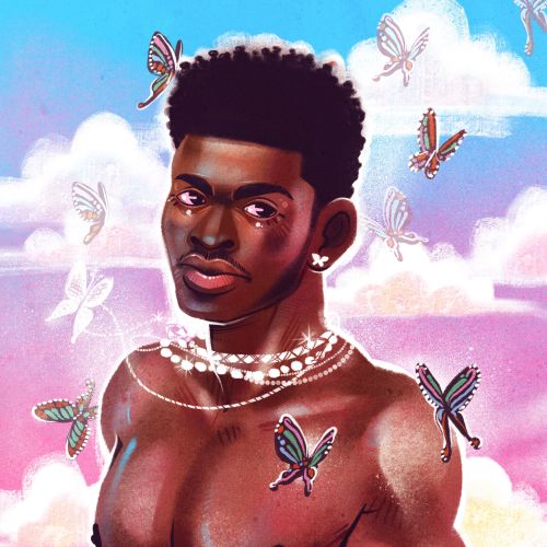 Illustration of shirtless man with butterflies and pearls under blue sky