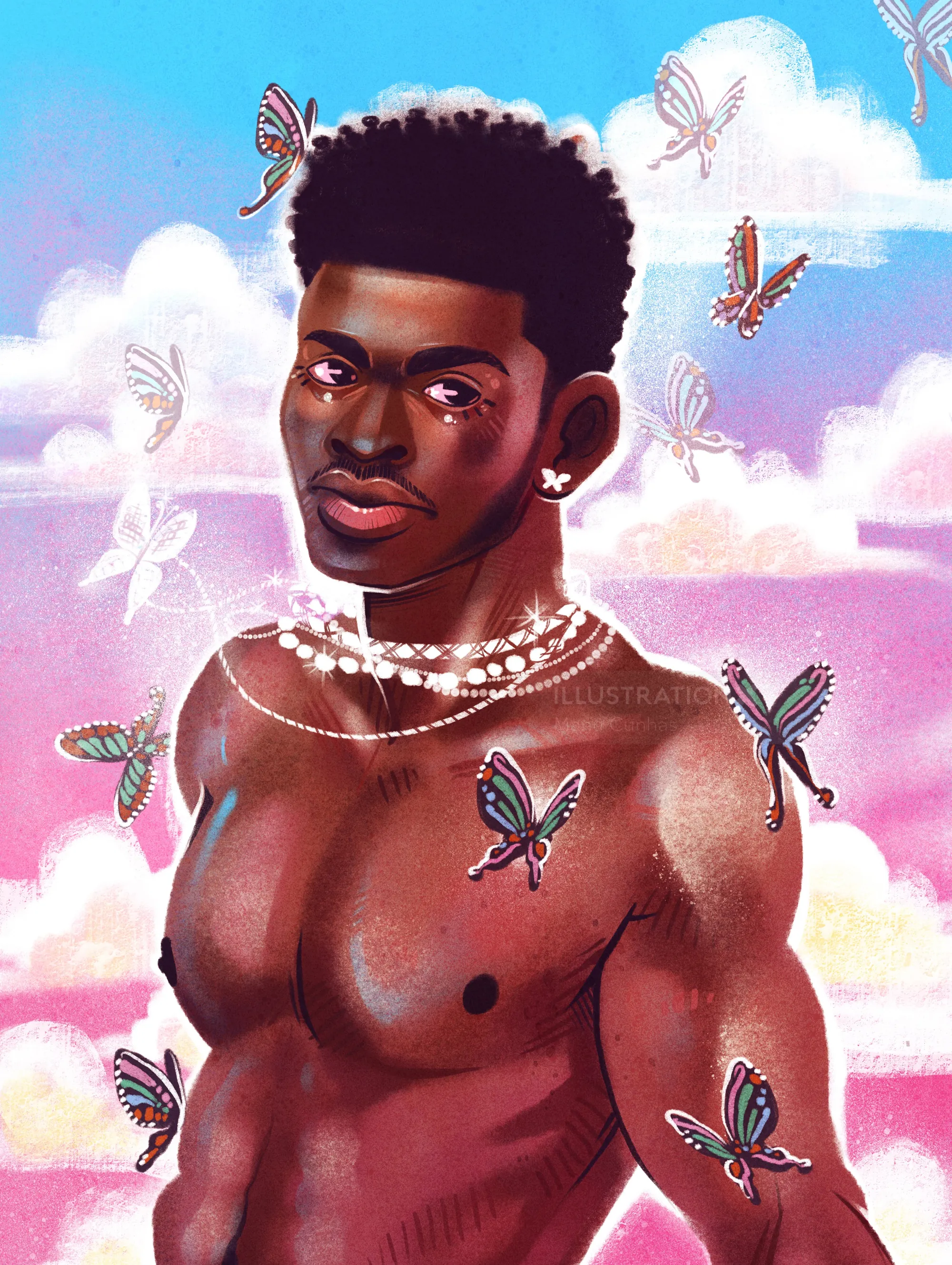 Illustration of shirtless man with butterflies and pearls under blue sky