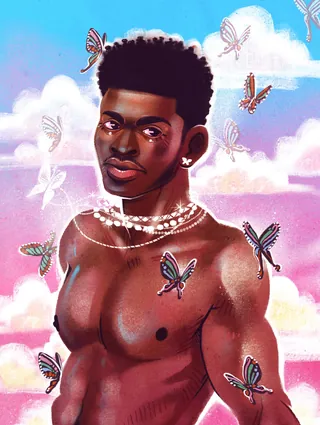 Illustration of shirtless man with butterflies and pearls under blue sky