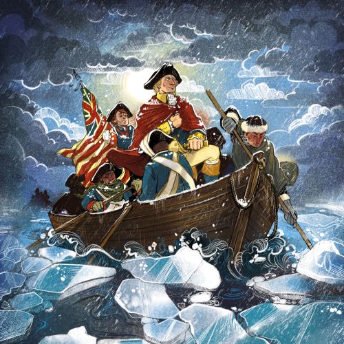 Naval officers in boat navigating icy waters with stormy sky