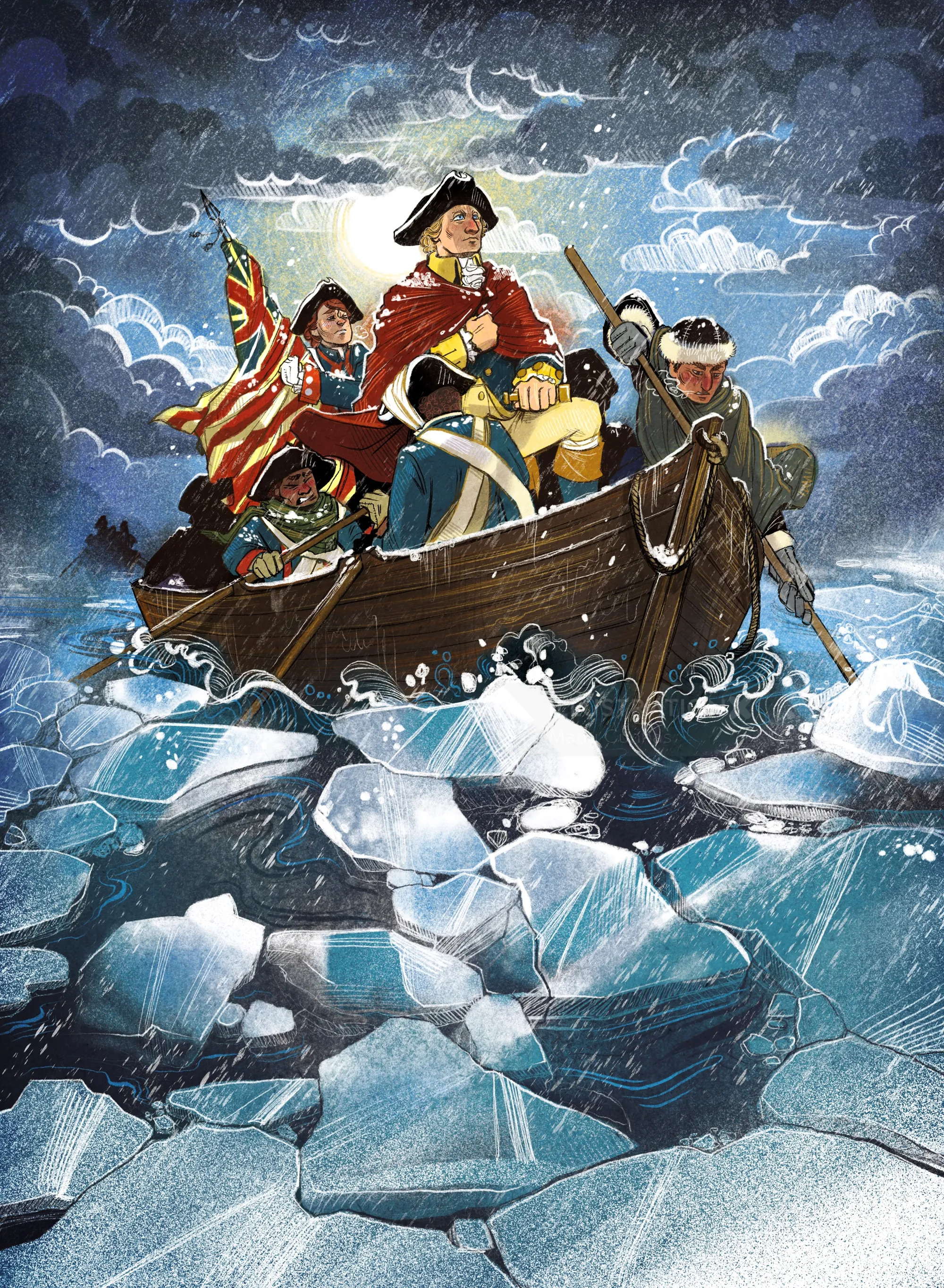 Naval officers in boat navigating icy waters with stormy sky