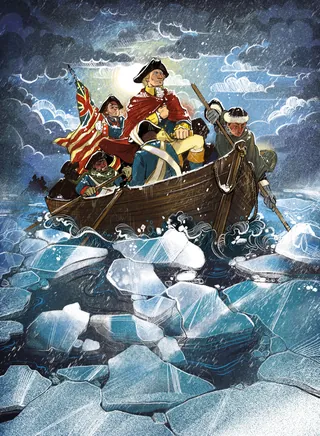 Naval officers in boat navigating icy waters with stormy sky