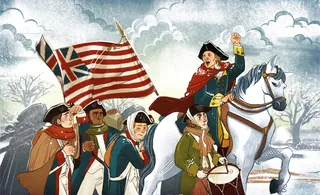 Revolutionary War troops with captain on horse holding British flag