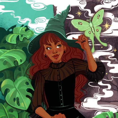 Woman in witch hat with glowing butterfly and large green leaves